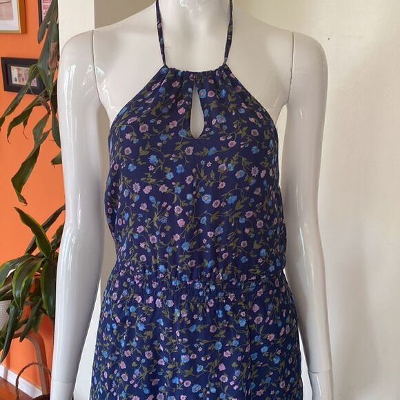 Abercrombie & Fitch Navy Halter Chiffon Floral High  Low Hem Maxi Dress Size XS - Picture 3 of 12